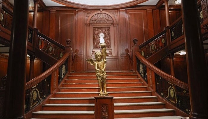 A replica of the Grand Staircase in the first-class section of the Titanic ocean liner on the opening day of the XXL Titanic exhibition at Paris Expo Porte de Versailles in Paris, on July 18, 2023. — AFP/File