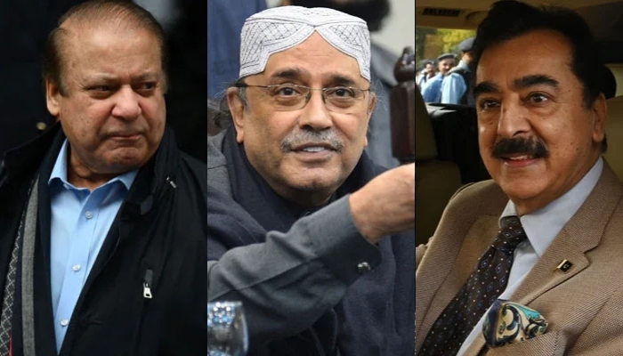Former prime minister Nawaz Sharif (left), former president Asif Ali Zardari (centre) and former prime minister Yousaf Raza Gillani. — AFP/Files