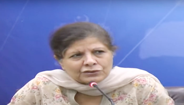 Caretaker Finance Minister Shamshad Akhtar addresses a press conference in this still taken from a video on September 25. — YouTube/Geo News