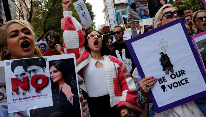Demonstrators shout slogans during a protest in support of Iranian women and against the death of Mahsa Amini, near the Iranian consulate in Istanbul, Turkey October 7, 2022.—Reuters