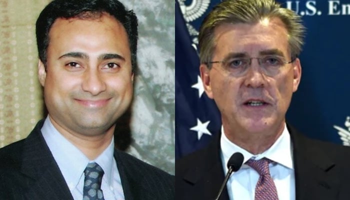 Imaad Shah Zuberi (Left) and former US ambassador to Pakistan Richard Olson. — X/@zuberiii/AFP/File