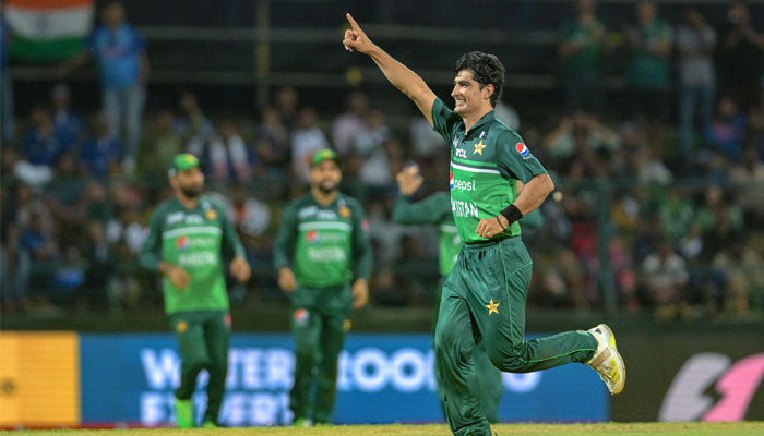 Naseem Shah celebrates after taking the wicket of India´s Shardul Thakur (not pictured) during the Asia Cup 2023 ODI match between India and Pakistan at the Pallekele International Cricket Stadium in Kandy on September 2, 2023.