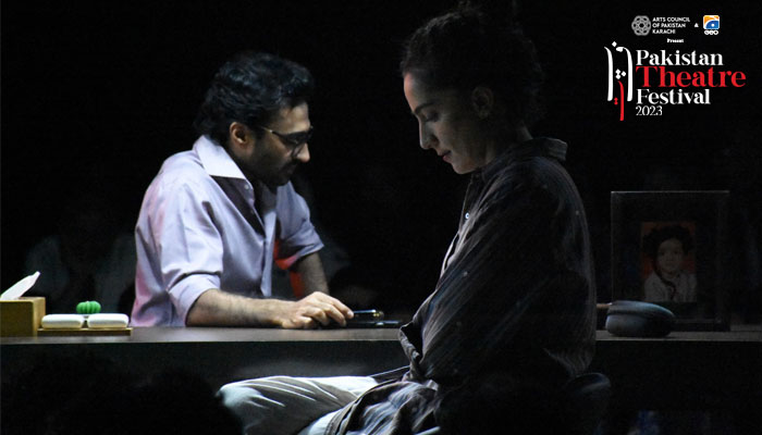 Actors Ali Junejo and Rasti Farooq perform during play Both Sit in Silence for a While at Arts Council of Pakistan, Karachi on September 16, 2023. — PR