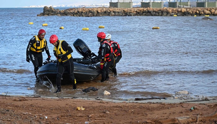 Members of the Emirati Rescue Team assist in relief work in Libya´s eastern city of Derna on September 16, 2023 in the aftermath of flash flooding. — AFP