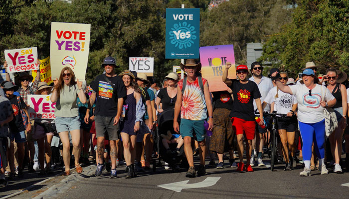 People take part in a Walk for Yes rally in Sydney on September 17, 2023.—AFP