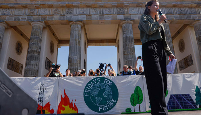 German climate activist Luisa Neubauer speaks during a protest of the Fridays for Future movement and other activists at the Brandenburg Gate in Berlin on September 15, 2023.—AFP
