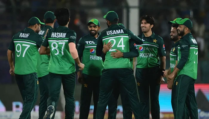 Pakistani players celebrate after taking a wicket in an ODI match. — ICC/File