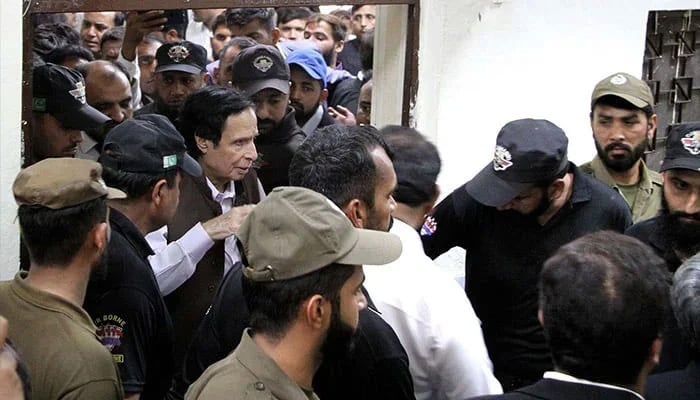 Pakistan Tehreek-e-Insaf (PTI) President Chaudhry Parvez Elahi leaving court after a case hearing, at District Court in Lahore on June 2, 2023. — PPI