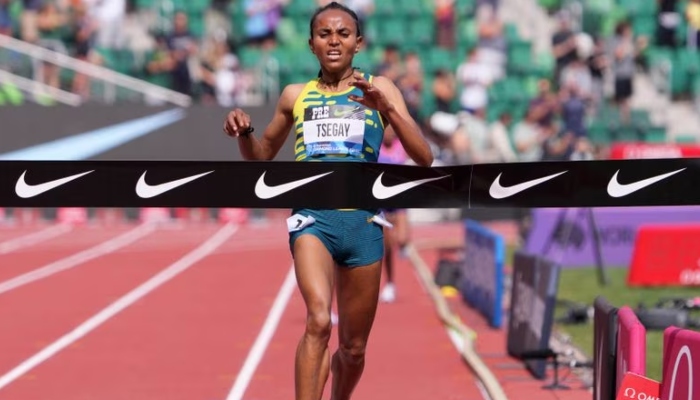 Gudaf Tsegay runs towards the finish line during the womens 5,000m at the Prefontaine Classic, Hayward Field. — Reuters/File