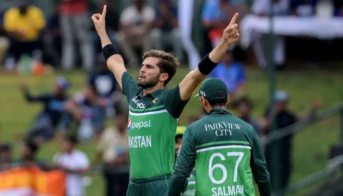 Shaheen Afridi poses in his signature style after sending Rohit Sharma back to the pavilion during a match against India in Asia Cup 2023, on September 2, 2023. — AFP