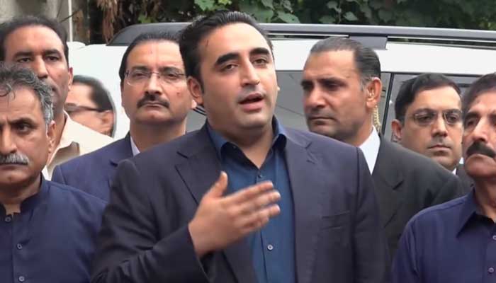 PPP Chairman Bilawal Bhutto Zardari is addressing the media in Lahore on Tuesday in this still taken from a video on September 19, 2023. — X/@MediaCellPPP