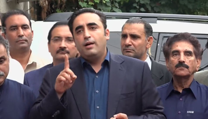 PPP Chairman Bilawal Bhutto-Zardari is addressing the media in Lahore on Tuesday in this still taken from a video on September 19, 2023. — X/@MediaCellPPP