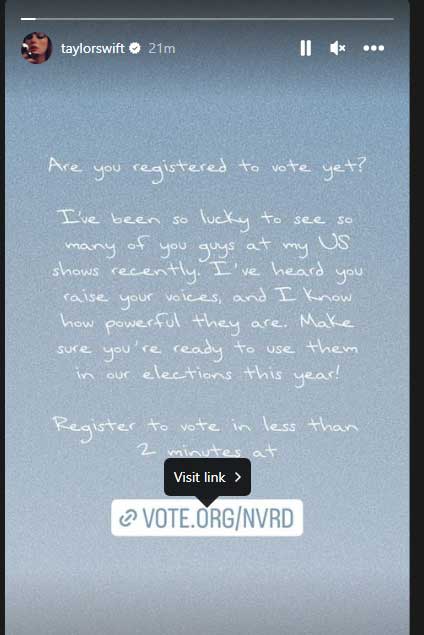 Taylor Swift shares message for fans ahead of US elections