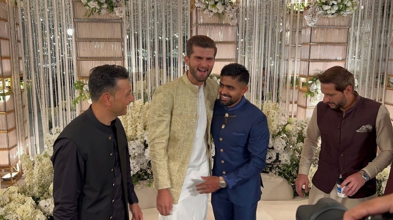 Shaheen Shah Afridi (second left) meets Babar Azam (second right).  — by author
