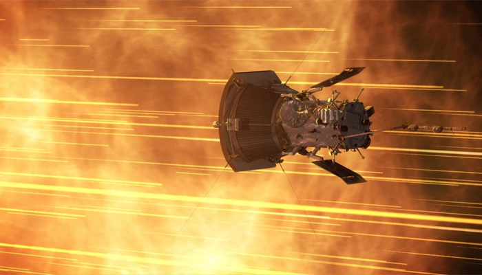 In this scientific illustration, Nasas Parker Solar Probe can be seen moving in the atmosphere of the Sun. — Nasa/File