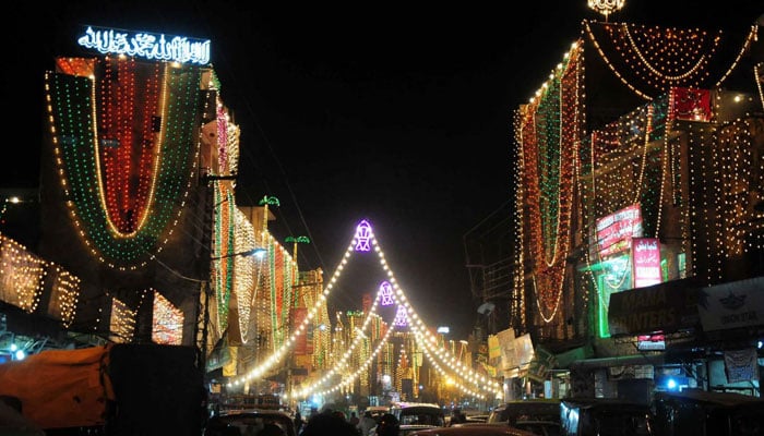 A beautiful illuminated view of street decorated with lights in connection with Eid Milad-un-Nabi in Rawalpindi. — PPI/File