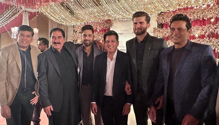 Shaheen Shah Afridi (second right) poses with Sameen Rana (left), Haris Rauf (third left), Atif Rana (third right) and Aqib Javed (right). — Geo News