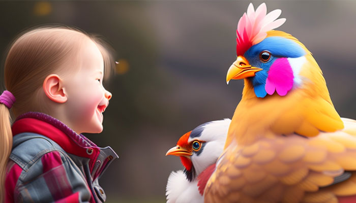 This picture shows an illustration of a child in conversation with chickens. — X/@adriancheok