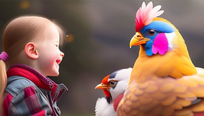 This picture shows an illustration of a child in conversation with chickens. — X/adriancheok