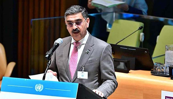Caretaker Prime Minister Anwaar-ul-Haq Kakar addressed a high-level dialogue on financing for development on the sidelines of the UNGA in New York on September 21, 2023. — APP