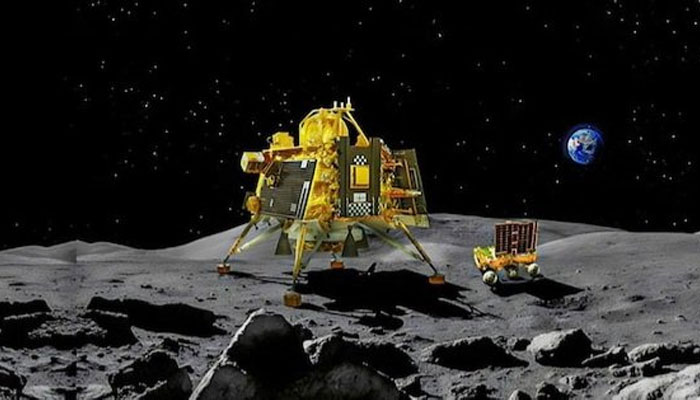 This picture shows the Chandrayaan-3s Vikram lander and Pragyan rover on the moons surface. — X/@ISROSpaceflight