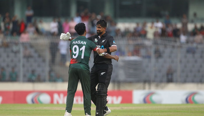 Bangladeshs Hasan Mahmud (left) hugs New Zealands Ish Sodhi after the latter was called back following a Mankad dismissal in the 2nd ODI match on September 23, 2023. — X/@BLACKCAPS