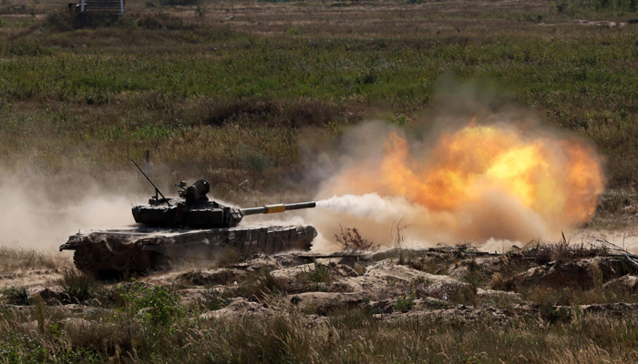 A Ukrainian tanks fire during a training exercise in the Chernigiv region on September 8, 2023. — AFP