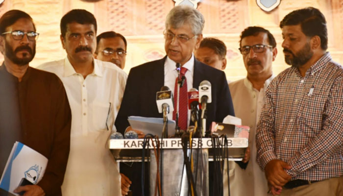 Caretake Information Minister Murtaza Solangi is addressing a press conference at Karachi Press Club on September 24, 2023. — PID