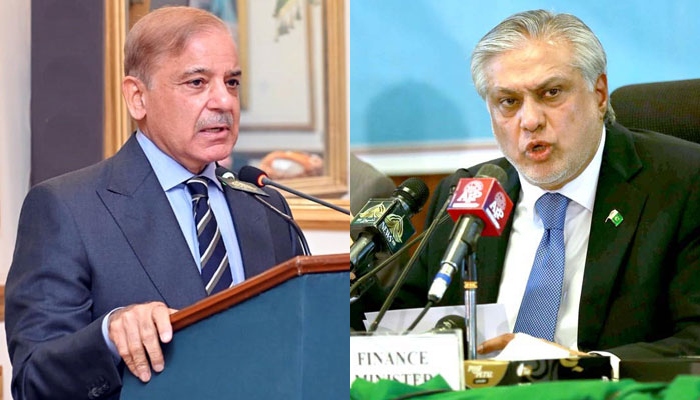 Former prime minister Shehbaz Sharif (L) and ex-finance minister Ishaq Dar. — PID/APP