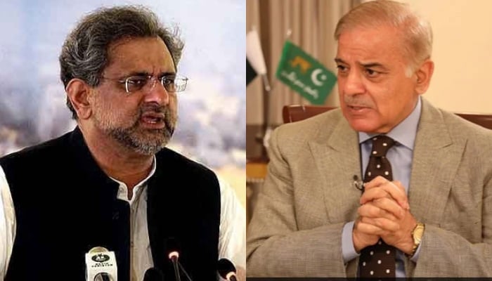 PML-N leader Shahid Khaqan Abbasi (left) and PML-N President Shehbaz Sharif. — APP/File