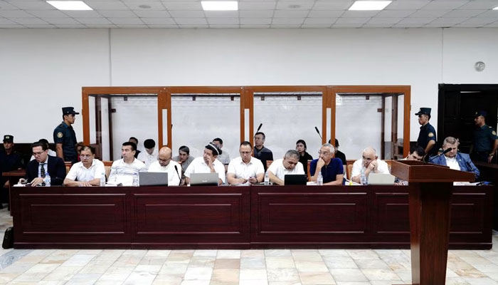 Defendants and lawyers attend a court hearing in the case of child deaths linked to contaminated cough syrups, in Tashkent, Uzbekistan August 16, 2023. — Reuters/File