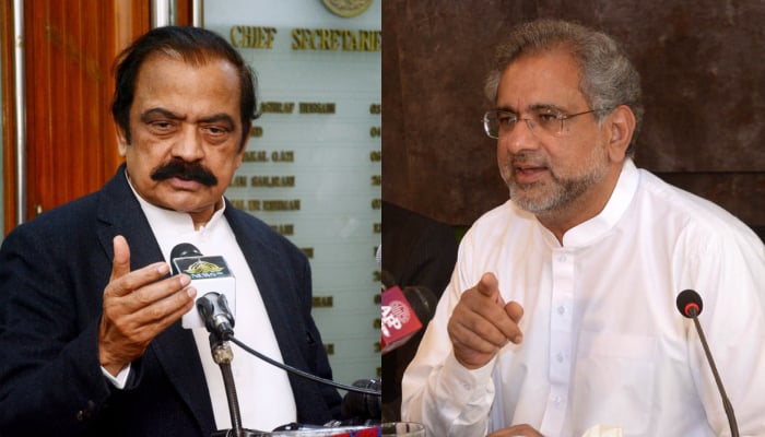 Former prime minister Shahid Khaqan Abbasi (right) and PML-N leader Rana Sanaullah. — APP/File