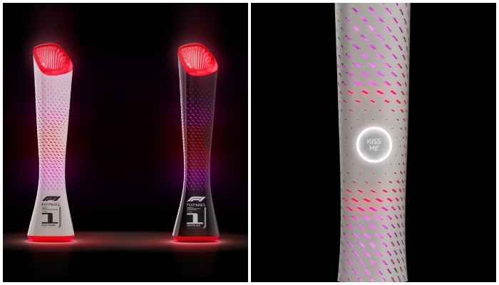 This combination of images shows the first-ever kiss-activated trophy for the Japanese Grand Prix and the area that needs to be kissed to activate the trophy. — X/@RBR_Daily