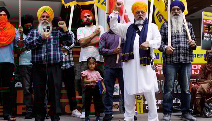 Demonstrators rally in support of Khalistan, an advocated independent Sikh homeland, outside the Indian consulate in Toronto on September 25, 2023. — AFP