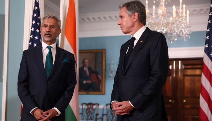 US Secretary of State Antony Blinken (R) and Indias External Affairs Minister Subrahmanyam Jaishankar say a few words to the media as they meet at the State Department in Washington, US, on September 28, 2023. — Reuters
