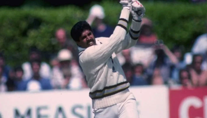 Kapil Dev plays a shot as he is on his way to take India to a competitive total against Zimbabwe in the 1983 World Cup. — BCCI