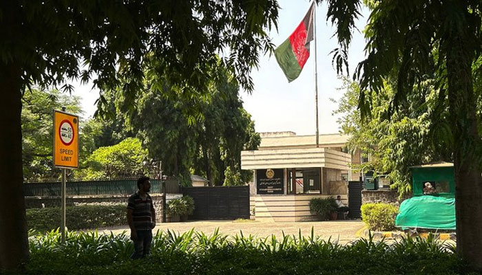 An Afghan national stands outside the embassy of the Islamic Republic of Afghanistan in New Delhi on Sept. 29, 2023. — AFP