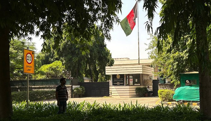 An Afghan national stands outside the embassy of the Islamic Republic of Afghanistan in New Delhi on Sept. 29, 2023. — AFP