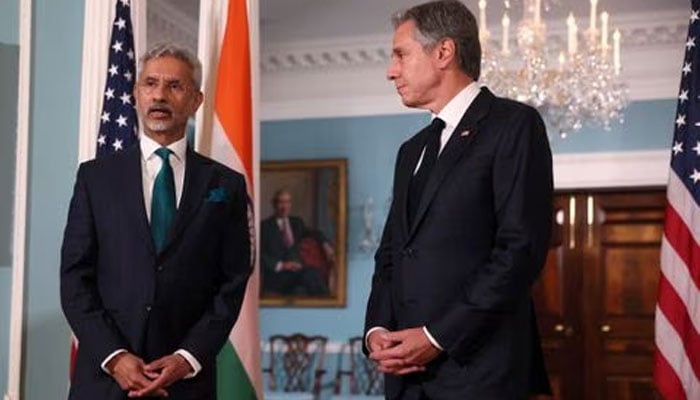 US Secretary of State Antony Blinken and Indias External Affairs Minister Subrahmanyam Jaishankar say a few words to the media as they meet at the State Department in Washington, US, September 28, 2023.—Reuters