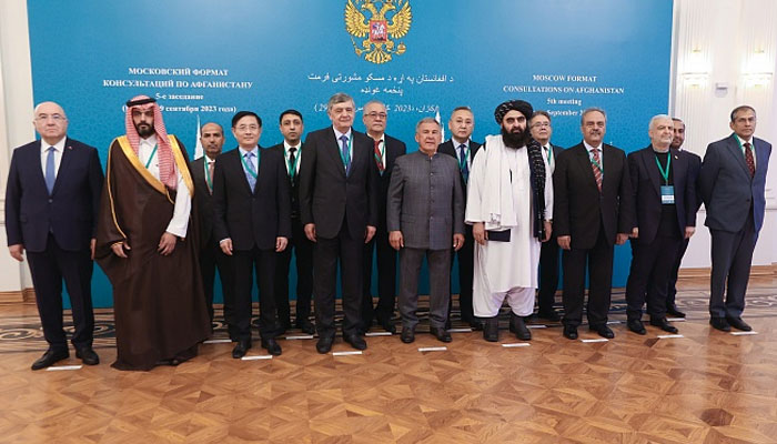 Special envoys of China, India, Iran, Kazakhstan, Kyrgyzstan, Pakistan, Russia, Turkmenistan, and Uzbekistan pose for a group photo after the fifth meeting of the Moscow Format Consultations on Afghanistan in Kazan city, Russia on September 29, 2023. — Ministry of Foreign Affairs of Russia