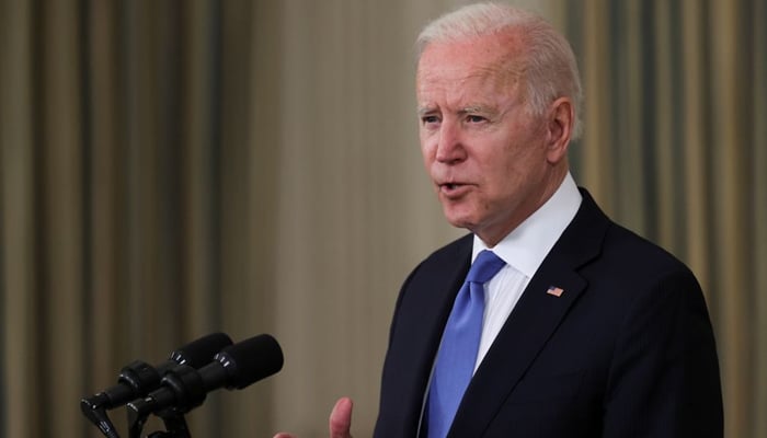 US President Joe Biden delivers remarks on the state of his American Rescue Plan from the State Dining Room at the White House in Washington, DC, US, May 5, 2021. — Reuters