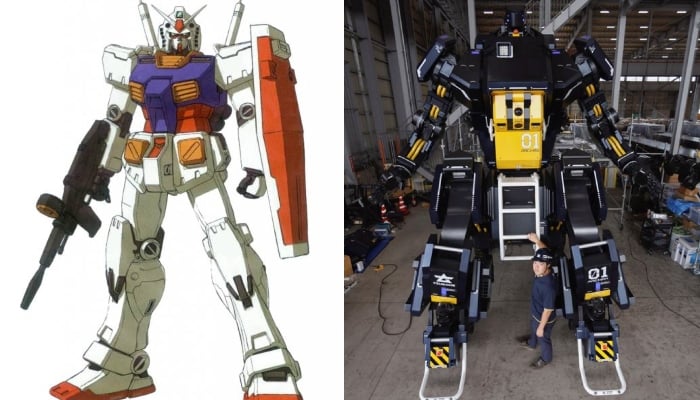 This combination of images shows a Gundam from the Japanese animated series (L) and  ARCHAX, the Gundam-like robot. — Reuters