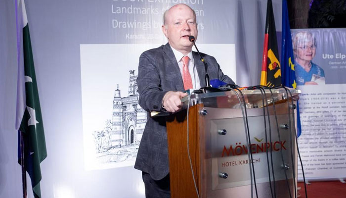 German Consul GeneralDr Rudiger Lotz speaking at the launching ceremony of Landmarks of Pakistan in Karachi on October 1, 2023. — X/GermanyinKHI