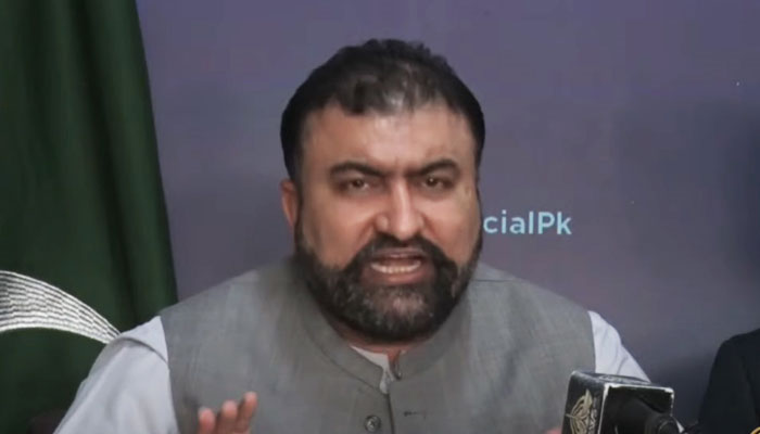 Interim Interior Minister Sarfraz Bugti addresses a press conference in this still taken from a video on October 3, 2023. — YouTube/PTVNewsLive