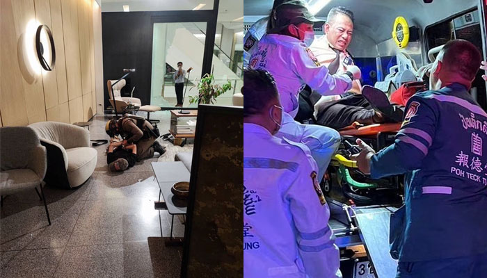 A suspected gunman is detained following shots fired at the luxury Siam Paragon shopping mall(L) and rescue team members attend to an injury following shots fired at the luxury Siam Paragon shopping mall, in Bangkok, Thailand, October 3, 2023(R).—Reuters