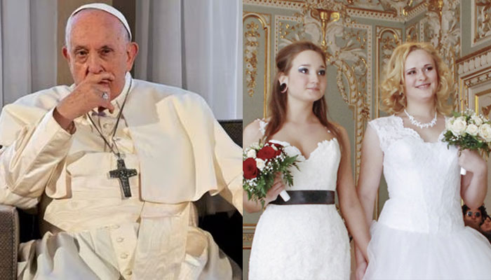 Pope Francis and Two brides attend their wedding ceremony to each other at the wedding registry office in St. Petersburg.—Reuters/file