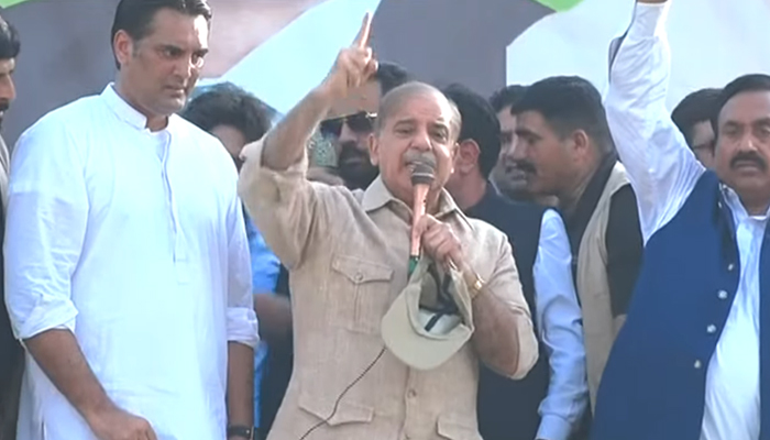 PML-N President Shehbaz Sharif addressing the political gathering in Lahore on October 4, 2023, in this still taken from a video. — YouTube/GeoNews