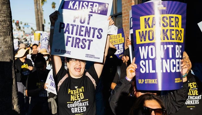 Healthcare workers strike in front of Kaiser Permanente Los Angeles Medical Center, as more than 75,000 Kaiser Permanente healthcare workers go on strike from October 4 to 7 across the United States, in Los Angeles, California, US October 4, 2023.—Reuters