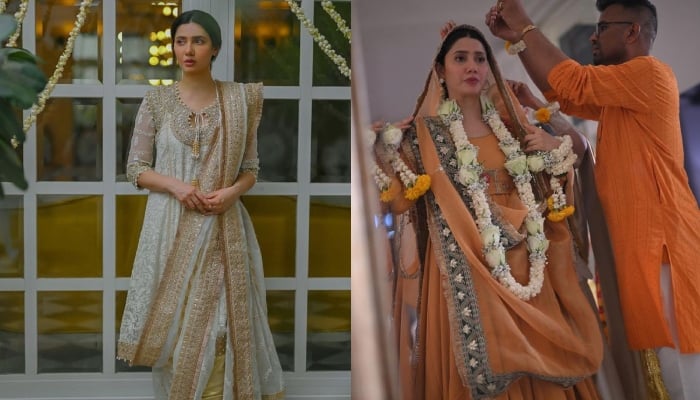 This combination of images shows Mahira Khans outfits for her mayun. — Instagram/mahirahkhan