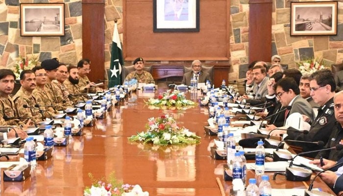 COAS General Asim Munir sits alongside Sindh Caretaker Chief Minister Justice (retd) Maqbool Baqar during the Provincial Apex Committee meeting on October 6, 2023. — ISPR
